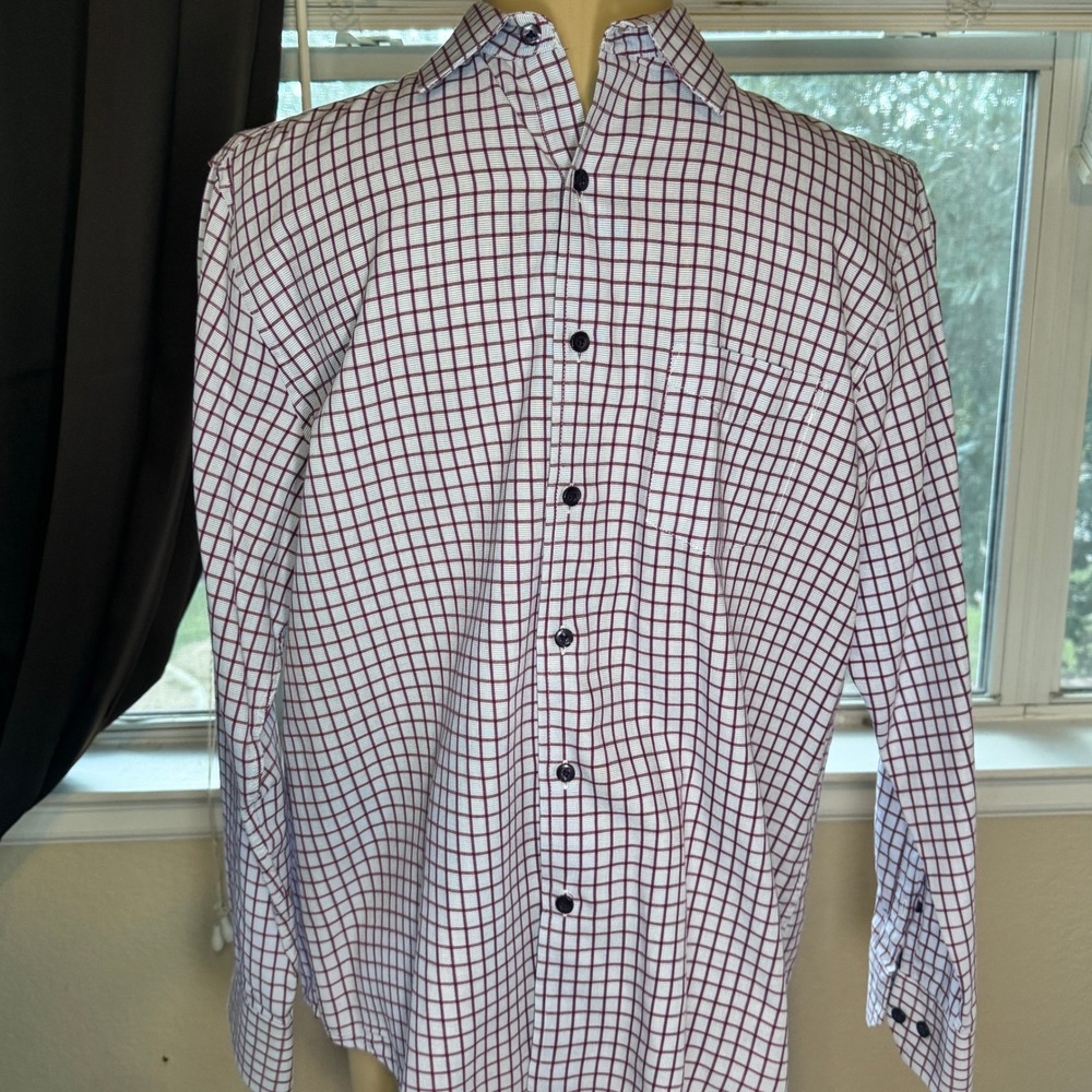 Tasso Elba Mens Medium 15 15.5 Burgundy Blue Grid Check Button Down Shirt